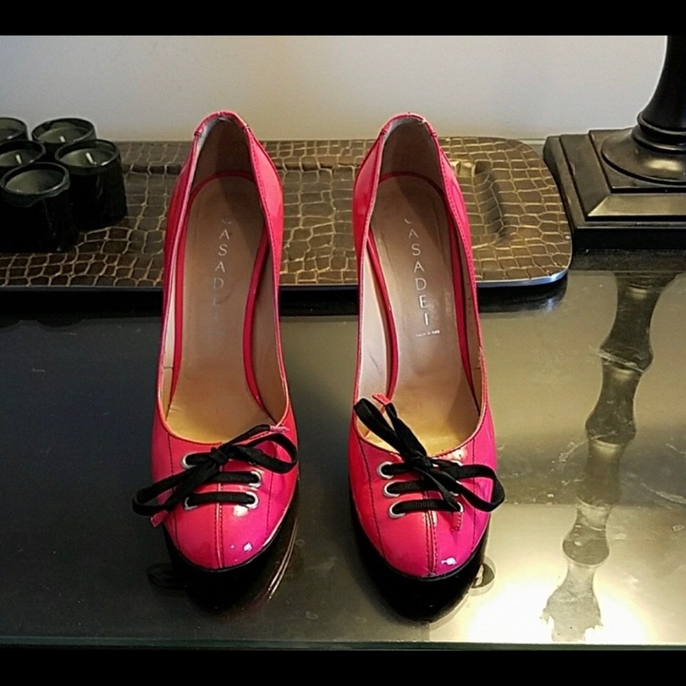 Casadei Hot Pink Patent Leather Lace up Pumps